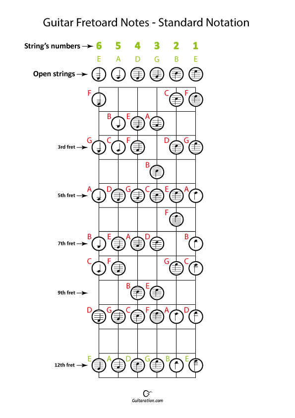 printable guitar fretboard notes on staff diagram